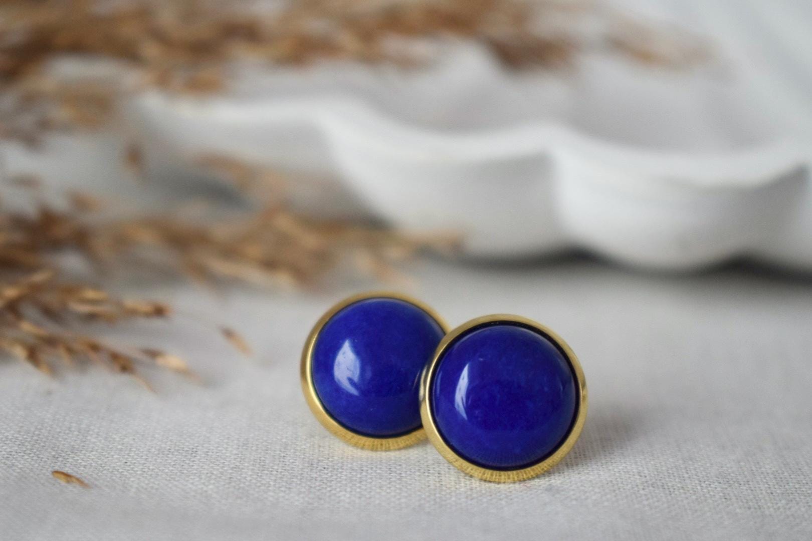 Jade blue stud earrings, Gemstone post earrings, Push back jewelry, Gift for her