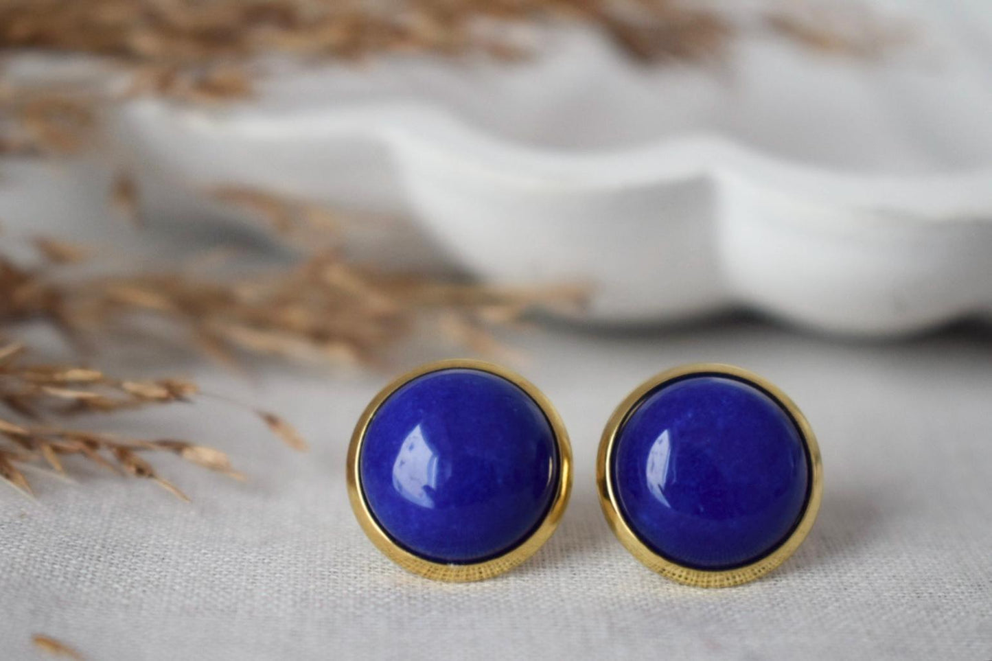 Jade blue stud earrings, Gemstone post earrings, Push back jewelry, Gift for her