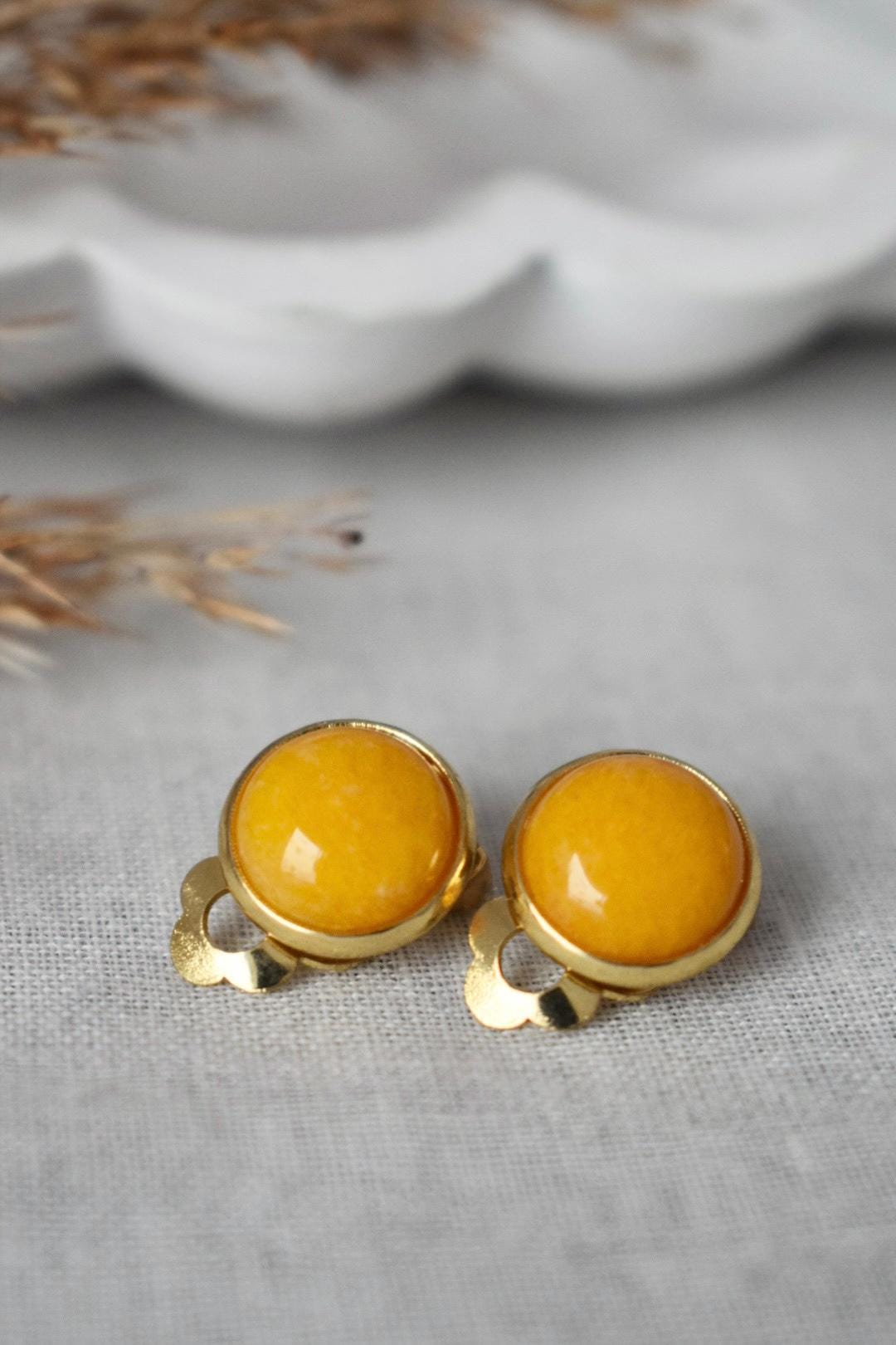 Yellow Jade Clip On Earrings, Gemstone Ear Clips, Non Pierced Earrings, No Hole Jewelry