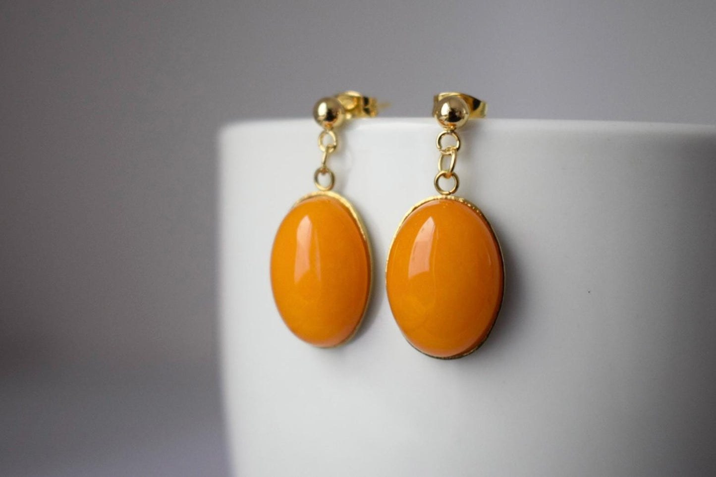Yellow Jade Dangle Earrings, 24k Gold Plated Studs, Boho Gemstone Drop Earrings, Yellow Stone Jewelry, Gift for Her