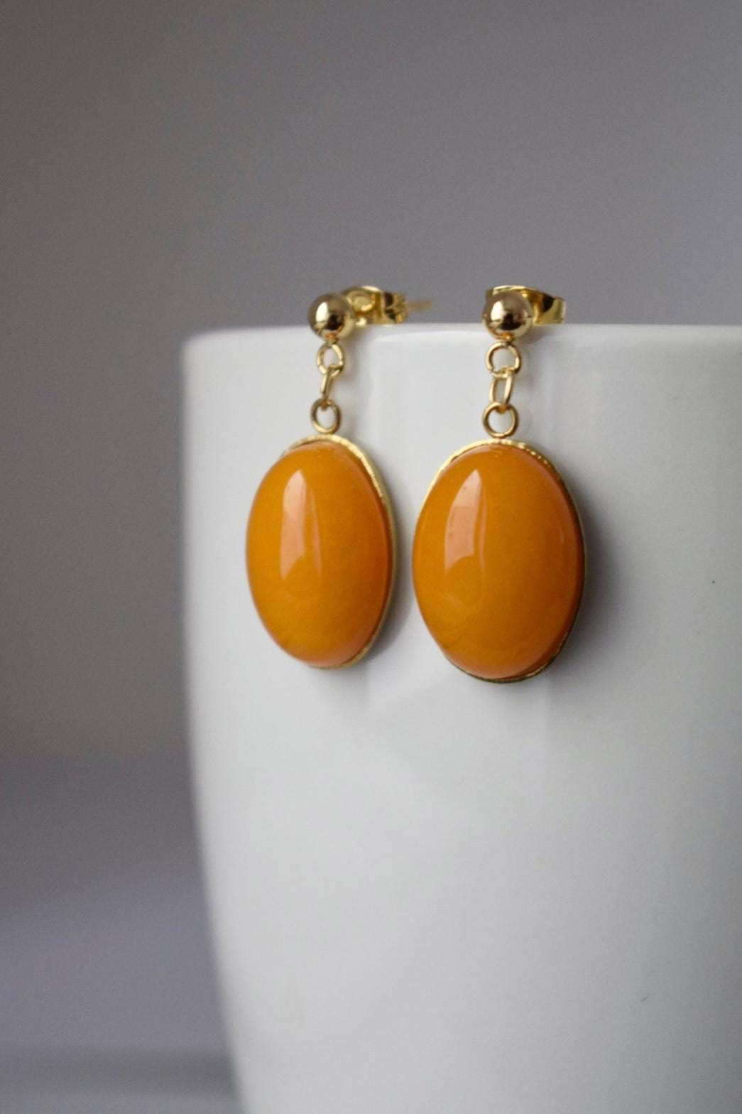 Yellow Jade Dangle Earrings, 24k Gold Plated Studs, Boho Gemstone Drop Earrings, Yellow Stone Jewelry, Gift for Her