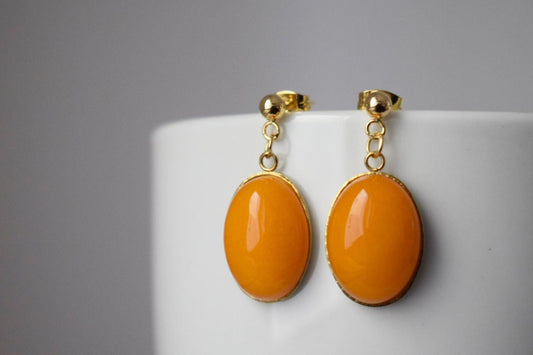 Yellow Jade Dangle Earrings, 24k Gold Plated Studs, Boho Gemstone Drop Earrings, Yellow Stone Jewelry, Gift for Her