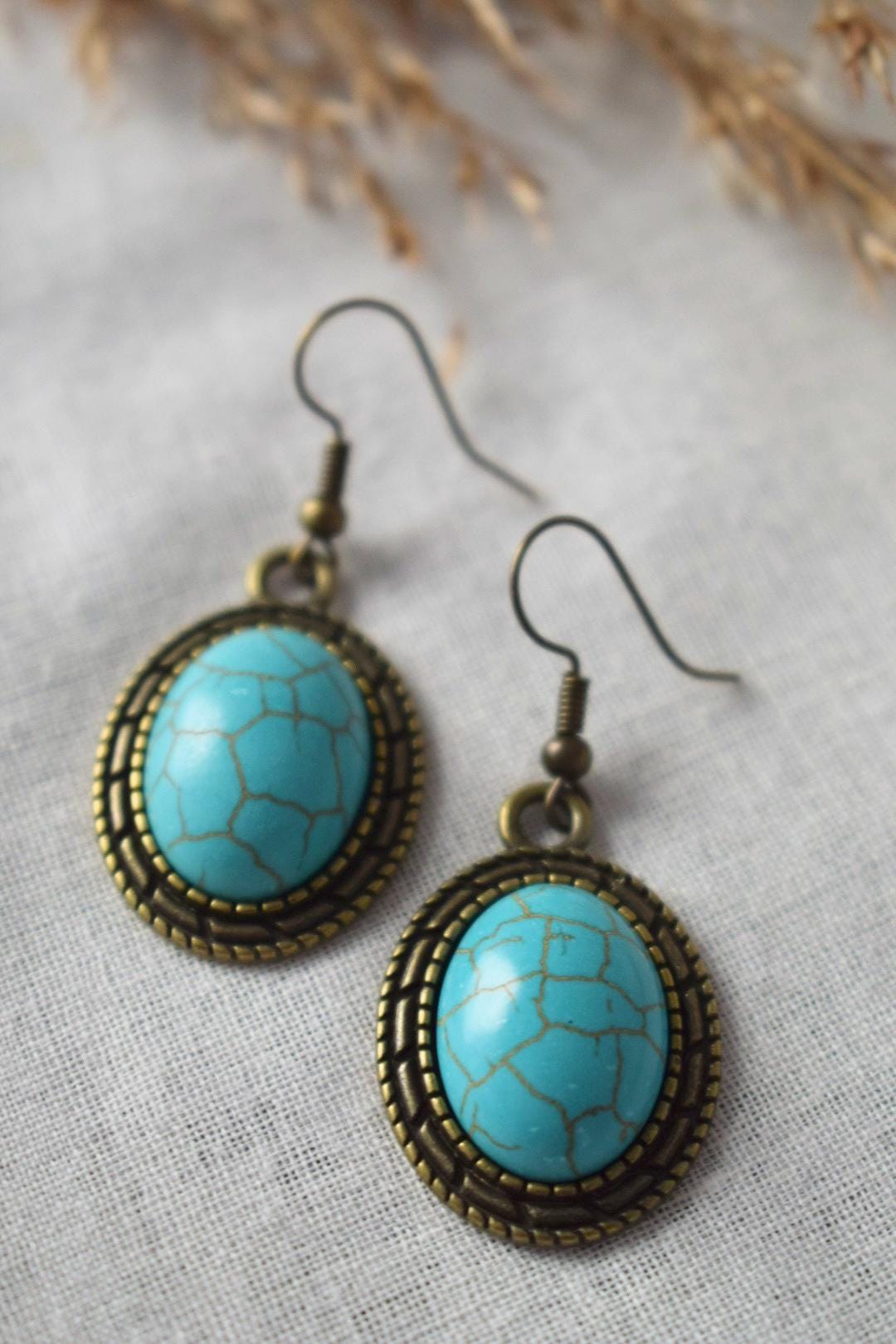 Vintage Turquoise Earrings | Oval Dangle Earrings | Boho Antique Bronze Jewelry | Turquoise Drop Earrings | Retro Gift for Her