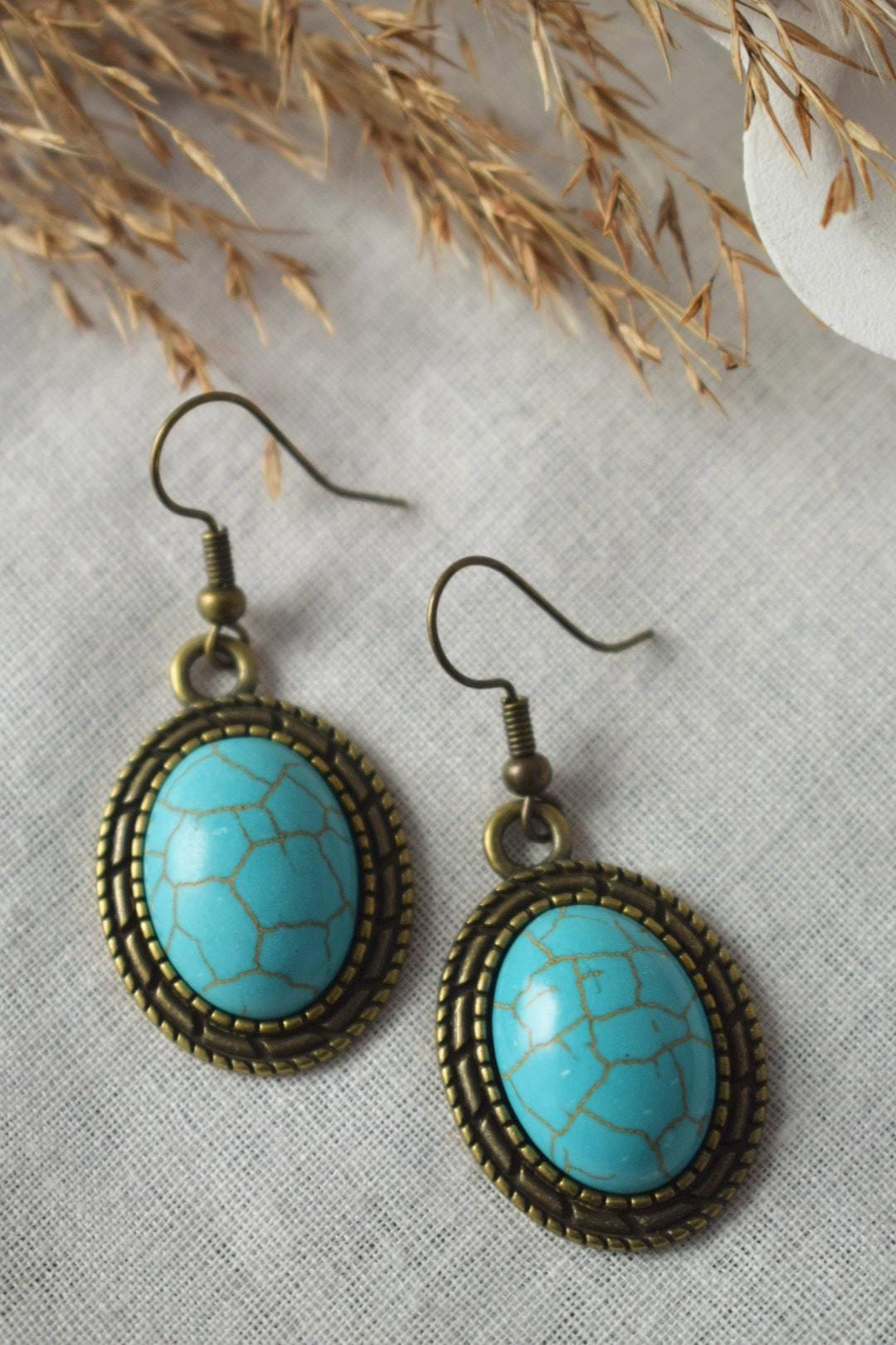 Vintage Turquoise Earrings | Oval Dangle Earrings | Boho Antique Bronze Jewelry | Turquoise Drop Earrings | Retro Gift for Her
