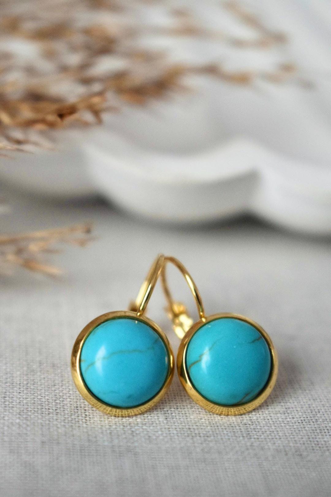 Turquoise earrings dangle, Gemstone 18k gold plated stainless steel Jewellery