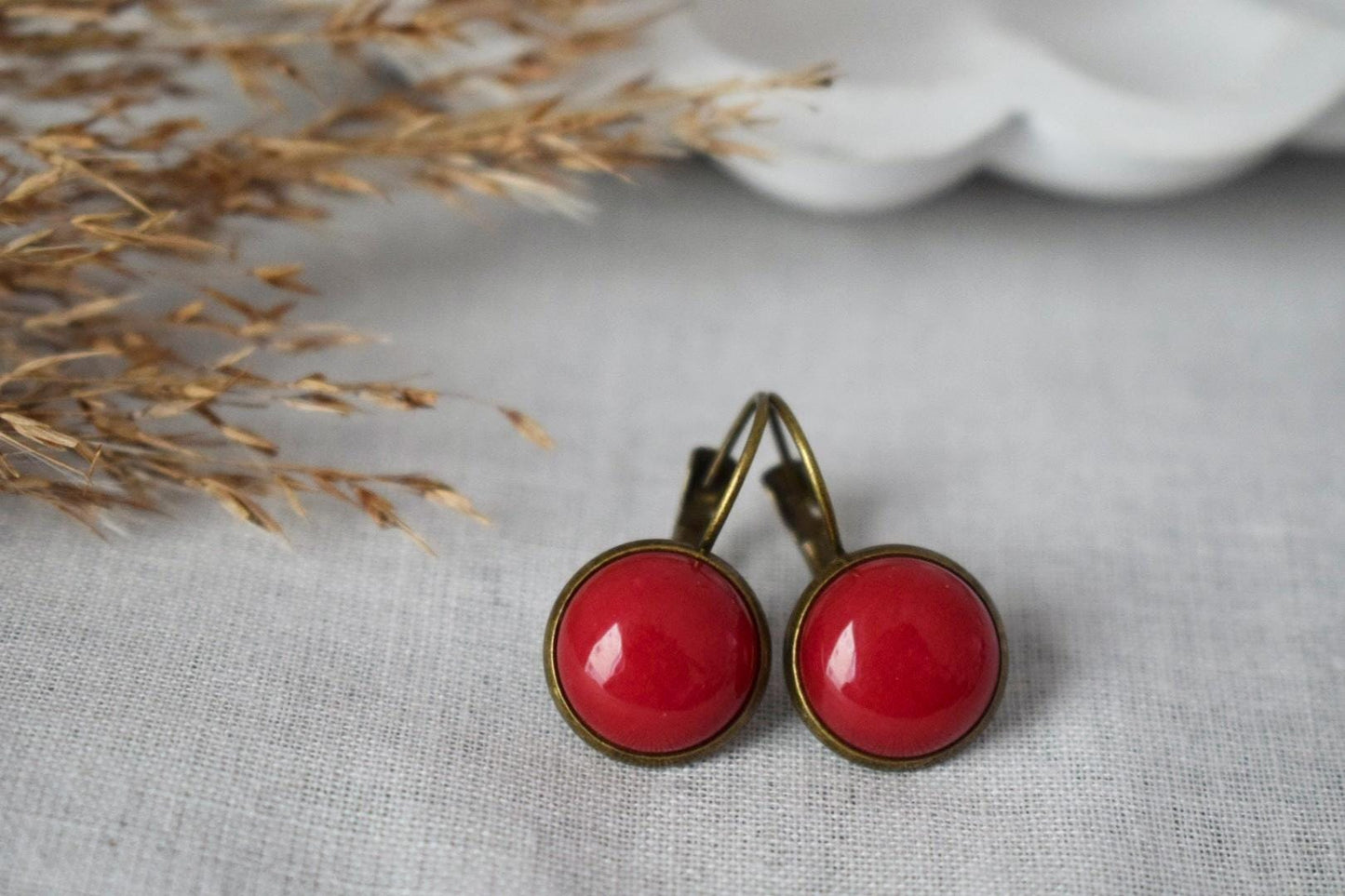 Red Jade Dangle Earrings: Antique Bronze Colour Lever Back, Vintage Gemstone Jewelry