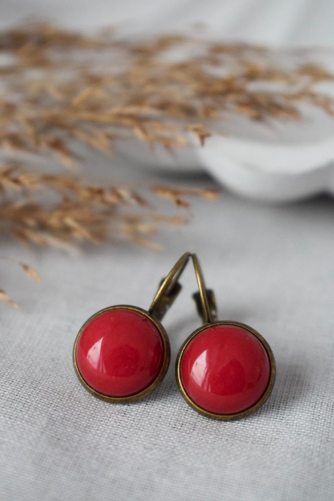 Red Jade Dangle Earrings: Antique Bronze Colour Lever Back, Vintage Gemstone Jewelry