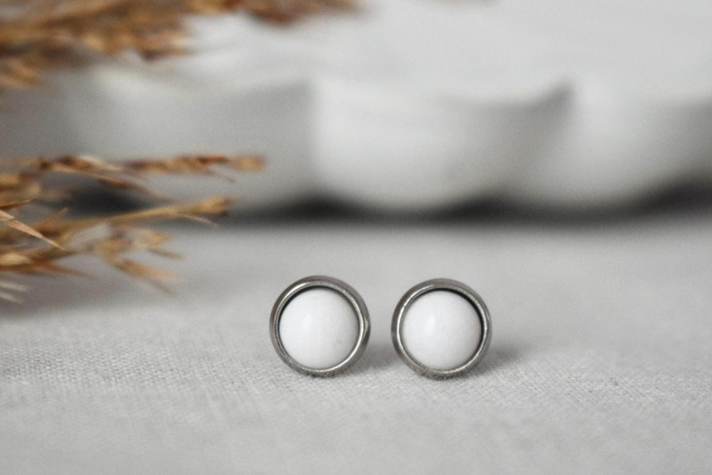 White jade stud earrings, Small round gemstone push-back earrings, Stainless steel post earrings, Minimalist jewelry, gift for her