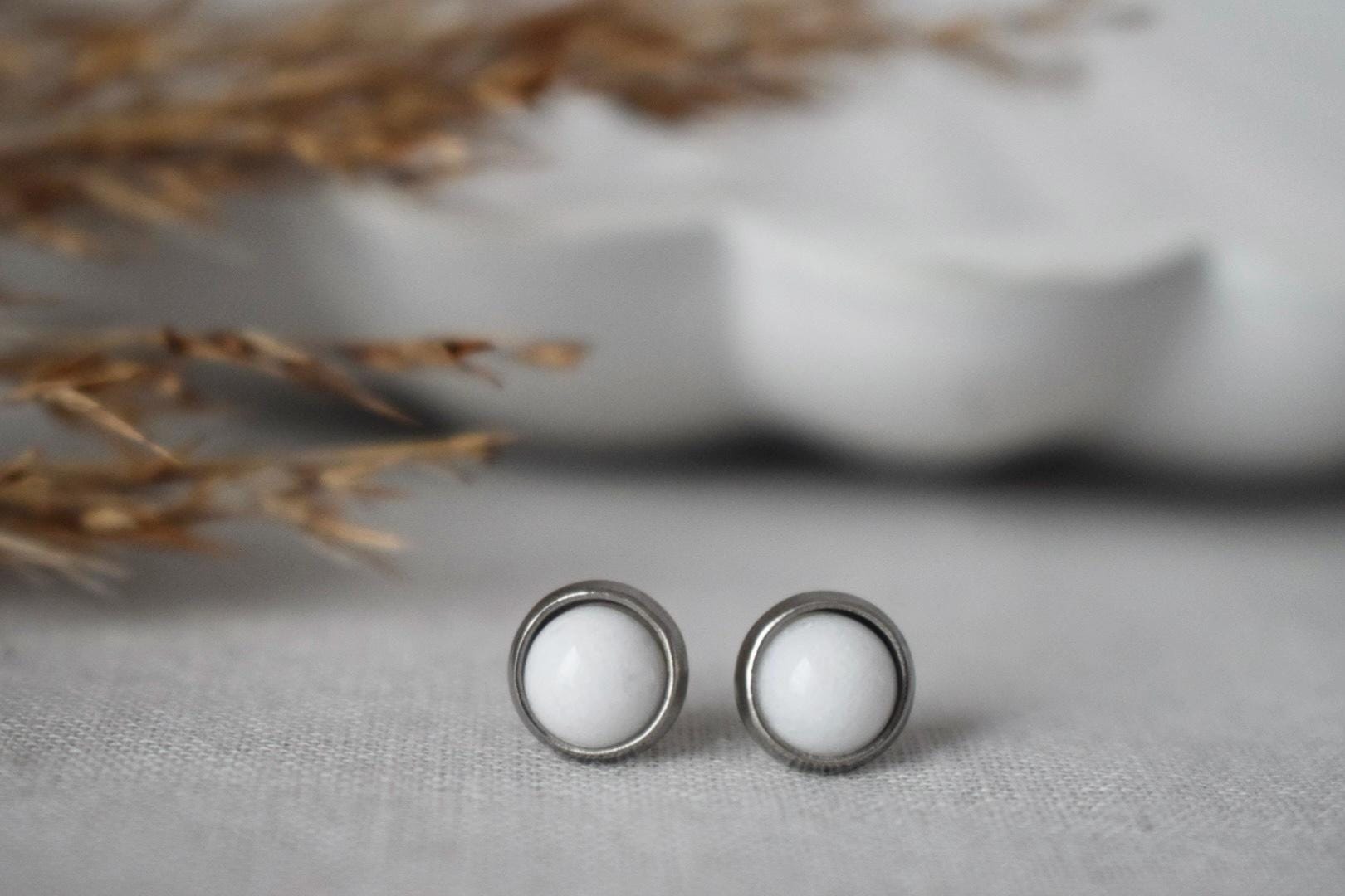 White jade stud earrings, Small round gemstone push-back earrings, Stainless steel post earrings, Minimalist jewelry, gift for her