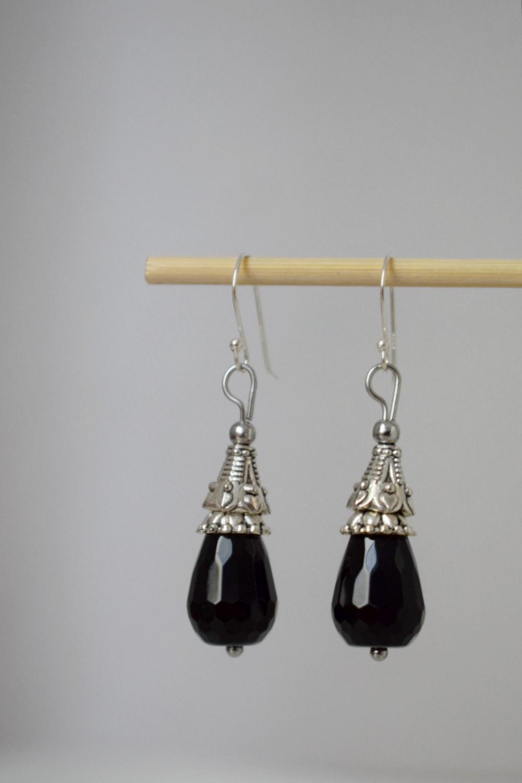Black Onyx Dangle Earrings: Teardrop Gemstone, Sterling Silver Hooks, Boho Jewelry, Gift for her