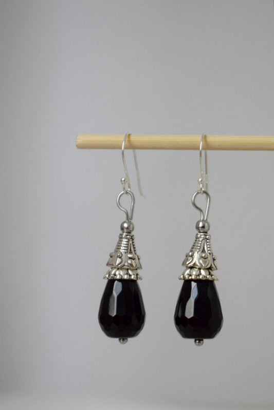 Black Onyx Dangle Earrings: Teardrop Gemstone, Sterling Silver Hooks, Boho Jewelry, Gift for her