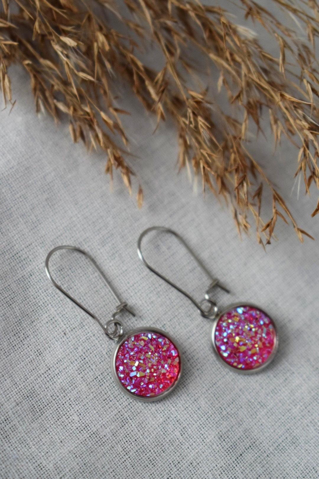 Pink Druzy Earrings, Small 12mm Stainless Steel Dangle Earrings, Sparkly Drop Earrings, Glitter Jewelry for Women, Gift for Her