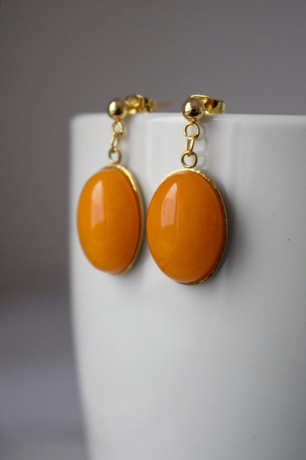 Yellow Jade Dangle Earrings, 24k Gold Plated Studs, Boho Gemstone Drop Earrings, Yellow Stone Jewelry, Gift for Her