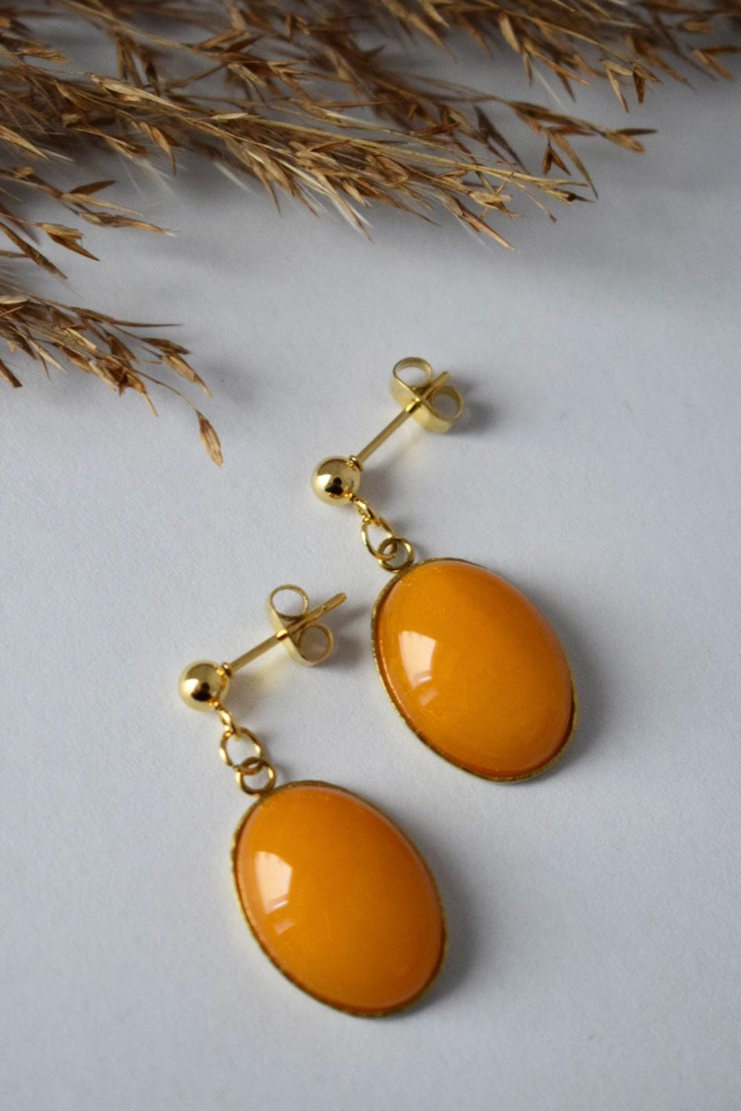 Yellow Jade Dangle Earrings, 24k Gold Plated Studs, Boho Gemstone Drop Earrings, Yellow Stone Jewelry, Gift for Her