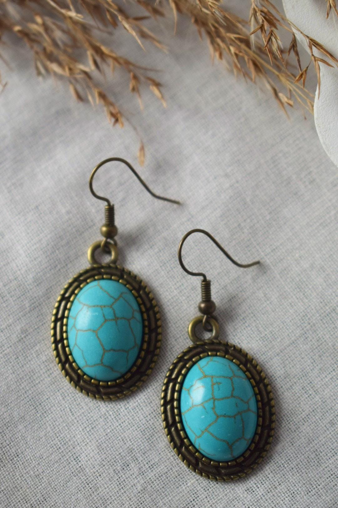 Vintage Turquoise Earrings | Oval Dangle Earrings | Boho Antique Bronze Jewelry | Turquoise Drop Earrings | Retro Gift for Her