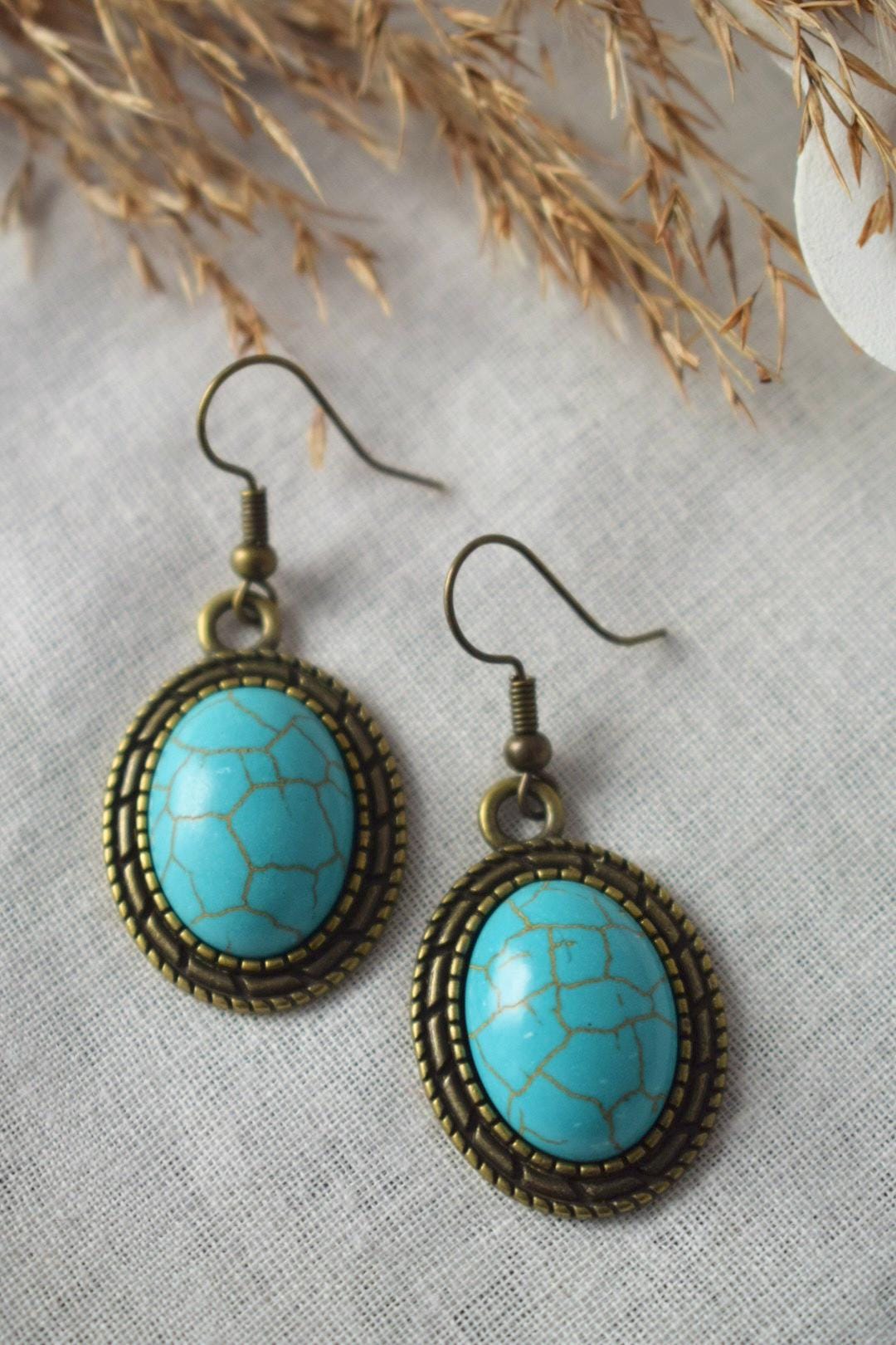 Vintage Turquoise Earrings | Oval Dangle Earrings | Boho Antique Bronze Jewelry | Turquoise Drop Earrings | Retro Gift for Her